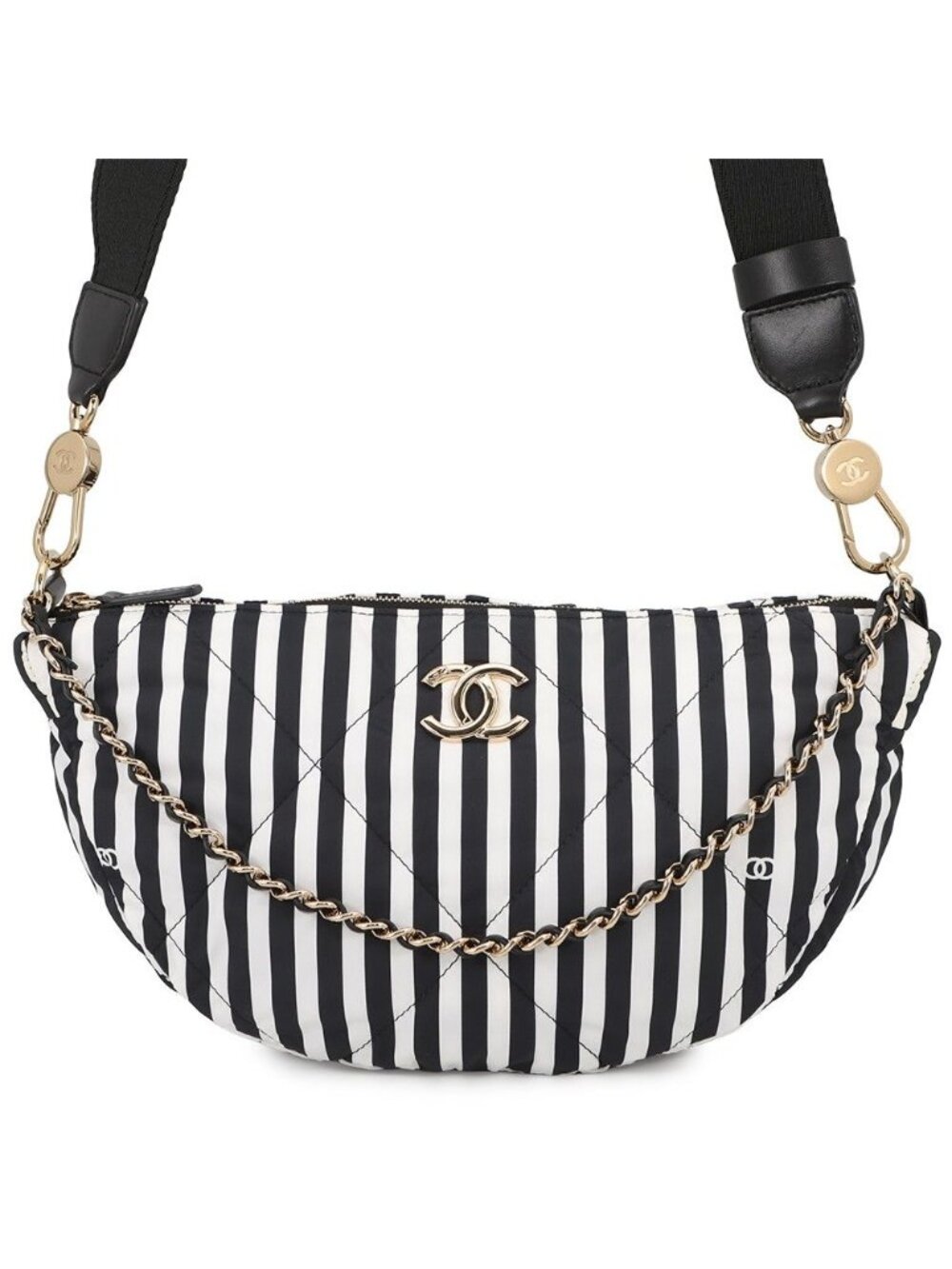 Chanel Shoulder Bag CC Logo Large Hobo Nylon 2-Way White Black